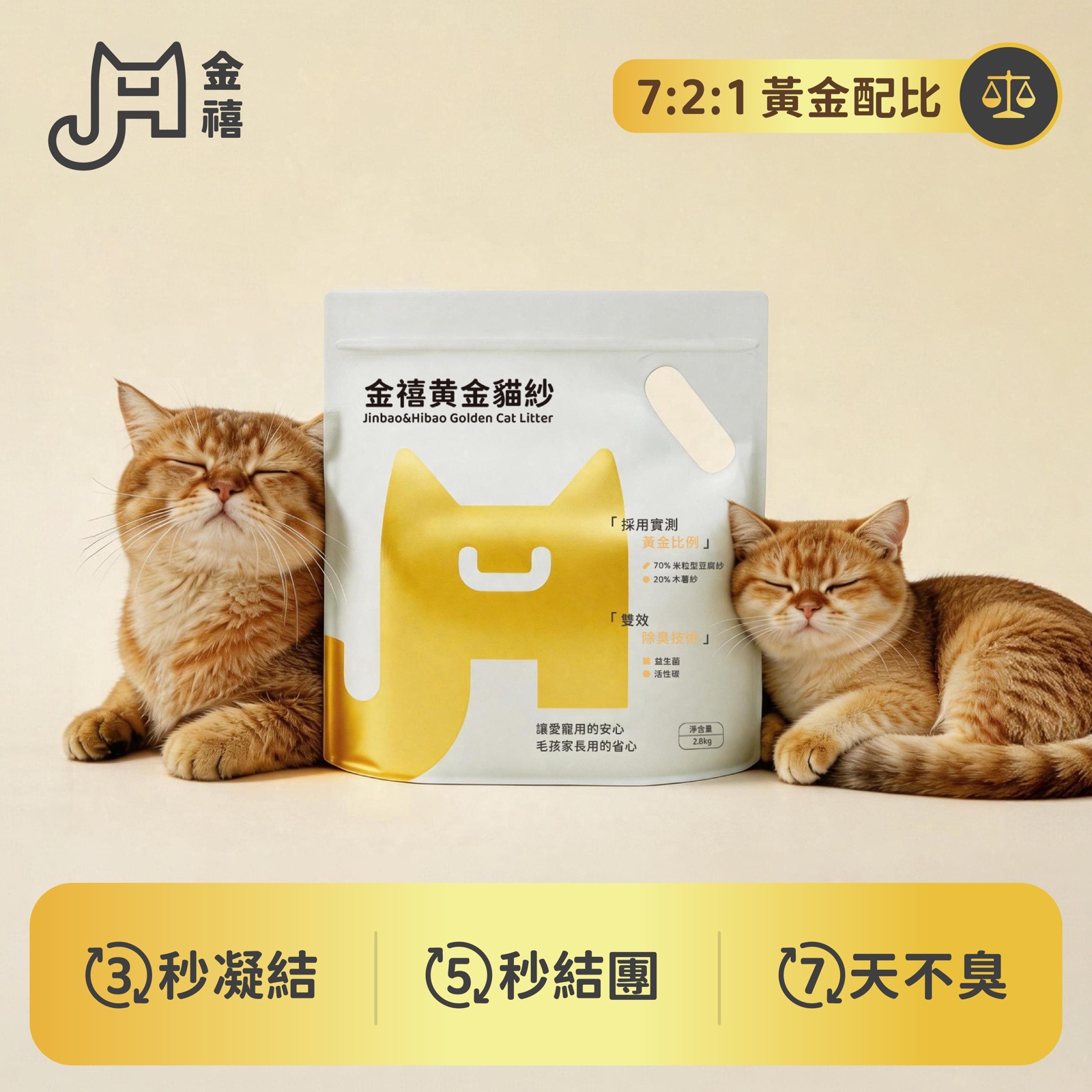 金禧黃金貓砂產品包裝與兩隻英短貓